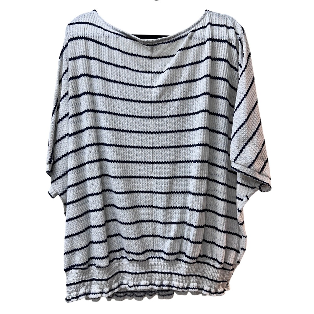Womens White Navy Striped Waffle Knit Smocked Hem Dolman Sleeve Boat Neck Top - Picture 2 of 2